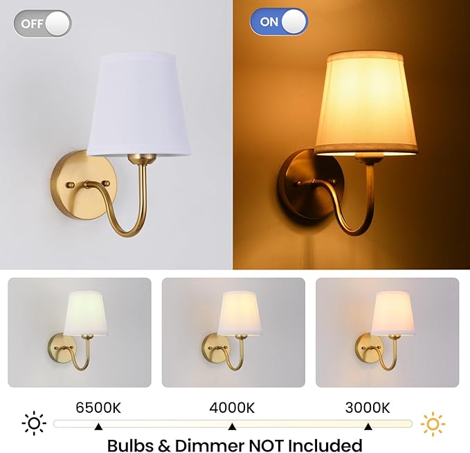 Wall Sconce Set of 2, Gold Bathroom Vanity Sconces Wall Lighting, Indoor Wall Lights with Light Beige Fabric Shades, Wall Mounted Lamps for Bedroom Living Room Hallway