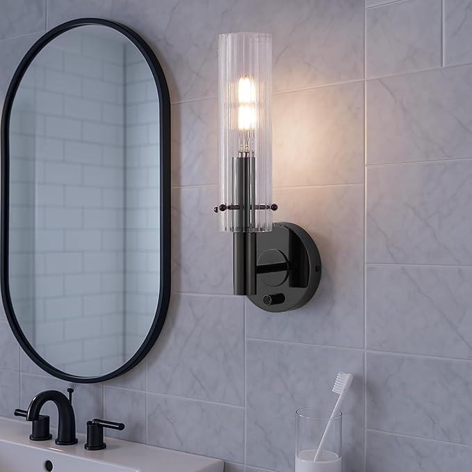 Black Bathroom Vanity Light Fixtures with Striped Clear Glass Shades Modern Wall Sconces Dimmer ON/Off Switch Indoor Wall Light for Mirror Living Room Bedroom Hallway Staircase