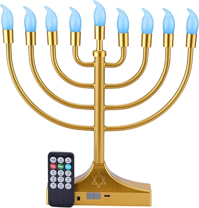 Electric Hanukkah Menorah,RGB Led Menorahs for Chanukah Decoration,Color Changing with Remote Control & Push-Button to Choose The Day and Timer Options Battery/USB Powered,Gold