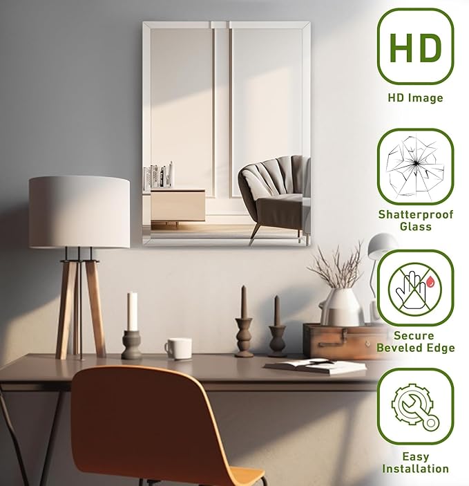 FARMER Rectangle Frameless Mirror, 40x30 inch Rectangle Mirror with 1" Beveled Edge, Beveled Bathroom Mirror for Wall, Vanity, Bedroom, Living Room