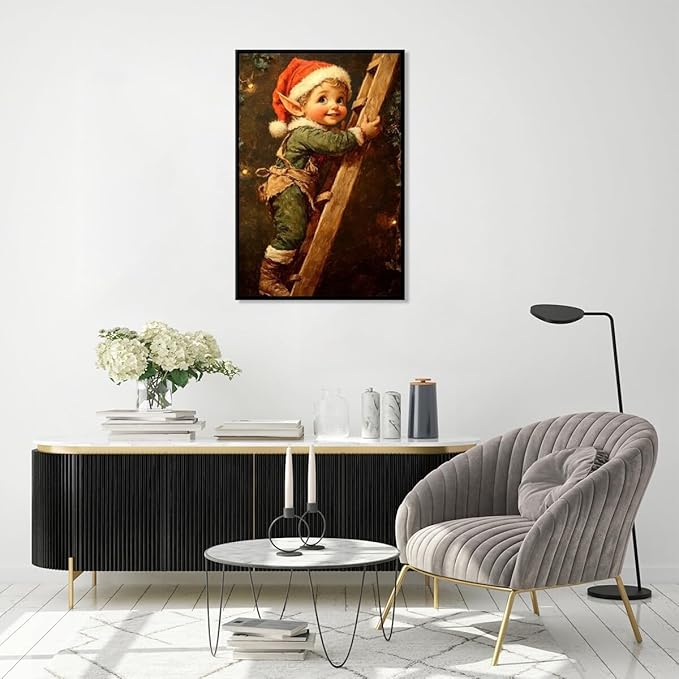 Medpol Vintage christmas wall art christmas elf painting winter cottagecore canvas poster for farmhouse home decor apartment dormitory black framed12x18inch