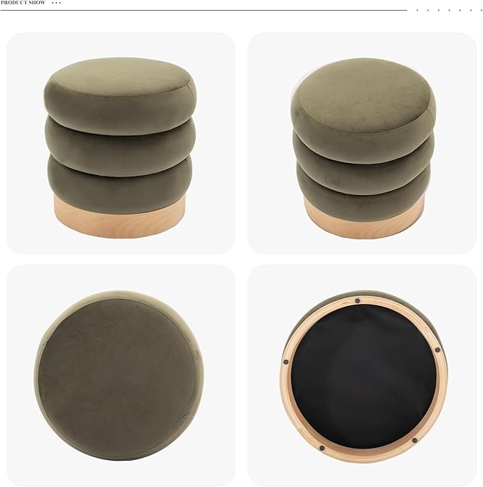 COLAMY Velvet Ottoman Footstool, Tufted Modern Foot Rest Stool with Wood Base for Living Room, Bedroom, Desk, Round Versatile Side End Table, Pouf, Makeup Seat, Green
