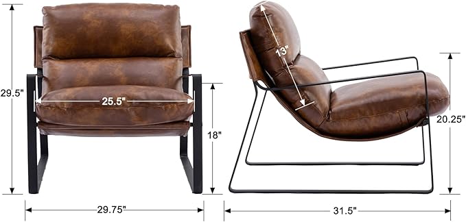 Mid-Century Accent Chair, Comfy PU Leather Side Chair with Armrest, Upholstered Leisure Chair with Black Metal Frame for Living Room Bedroom Reception Room, Brown