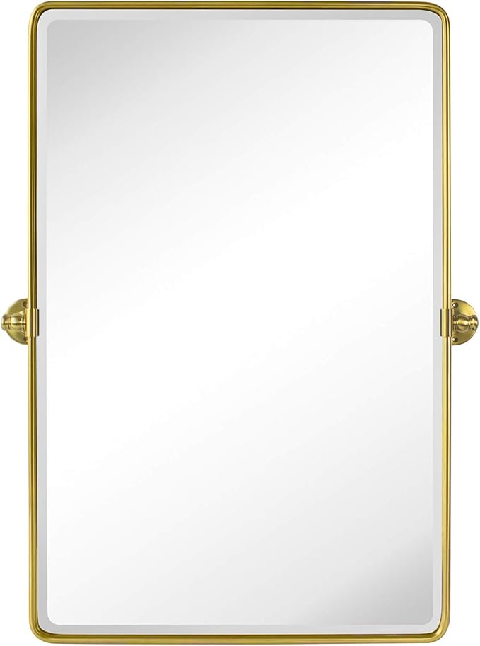 TEHOME Gold Pivot Rectangle Bathroom Vanity Mirrror Farmhouse Tiltable Rounded Metal Framed Pivoting Bathroom Mirror with Beveled Mirrror, Overall 26.91 x 35 inches (Mirrror 23 x 35 inches)