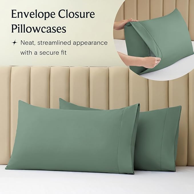 LuxClub 4 PC Queen Sheet Set, Breathable Luxury Bed Sheets, Deep Pockets Wrinkle Free Cooling Sheets Machine Washable Hotel Bedding Silky Soft - Tree Moss Green Queen