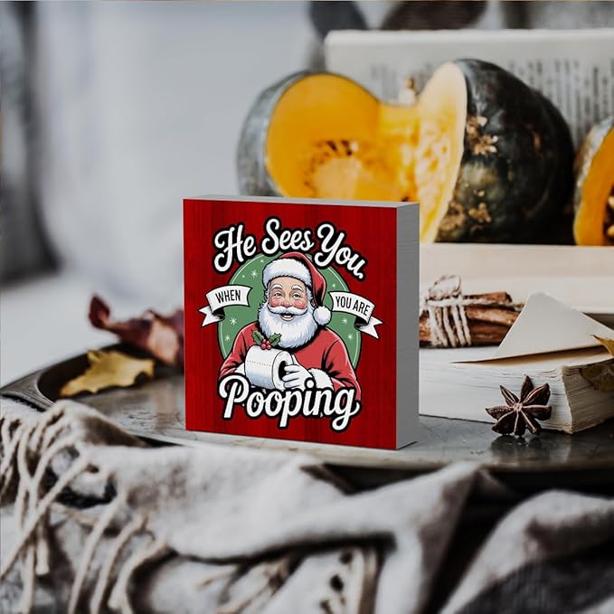 HTBIG Funny Bathroom Christmas Decor He Sees You When You Pooping Bathroom Wooden Box It In The Corner Shelf 5 x 5 Inch