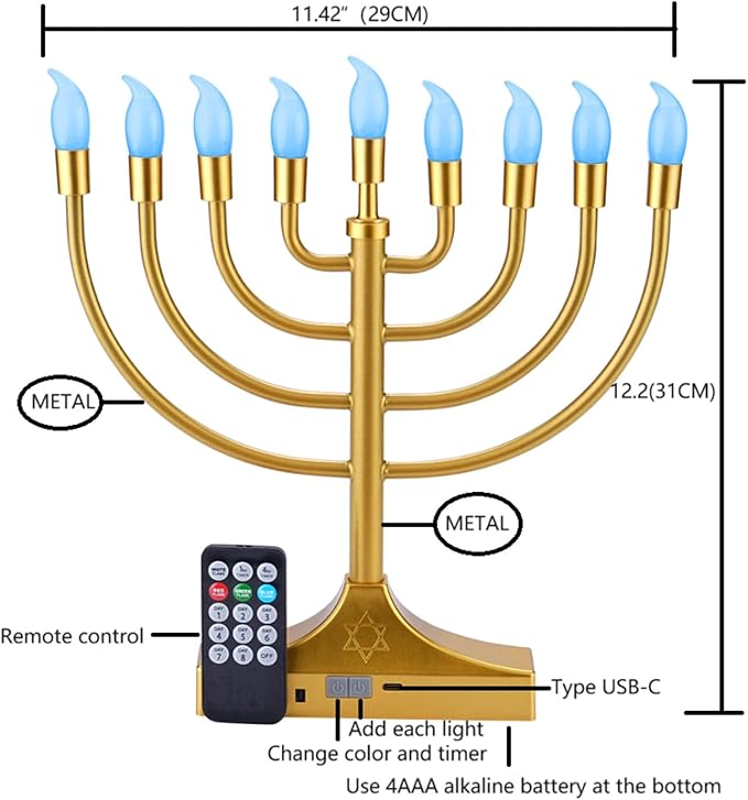Electric Hanukkah Menorah,RGB Led Menorahs for Chanukah Decoration,Color Changing with Remote Control & Push-Button to Choose The Day and Timer Options Battery/USB Powered,Gold