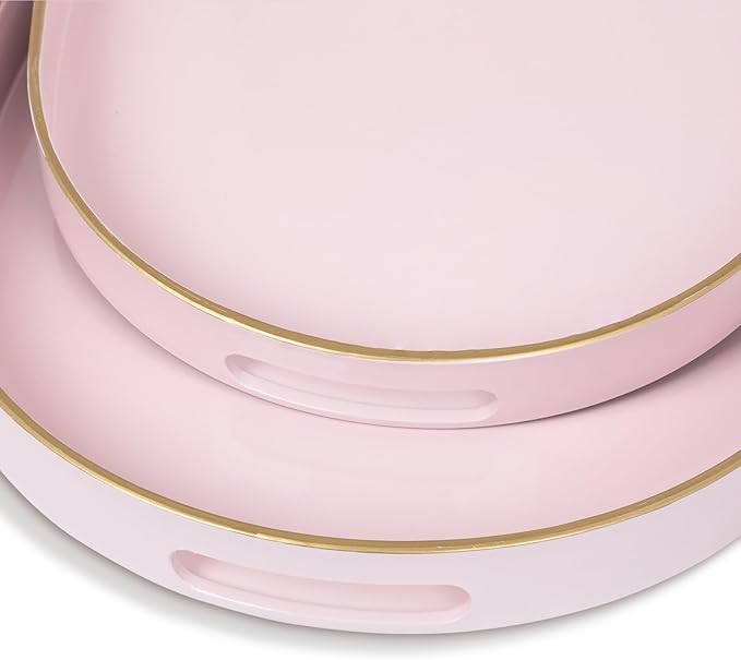 MAONAME Pink Serving Trays with Handles, Oval Decorative Trays for Coffee Table, Nesting Trays Set of 2, Plastic Vanity Trays for Ottoman, Living Room