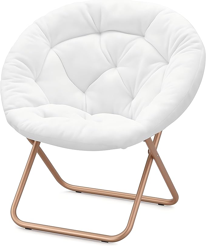 Magshion Saucer Chair for Adults, Comfy Living Room Lounge Chair for Bedroom Corner, Dorm, Apartment, Faux Fur Fluffy Circle Accent Seat with Thick Padded & Folding Metal Frame (White)