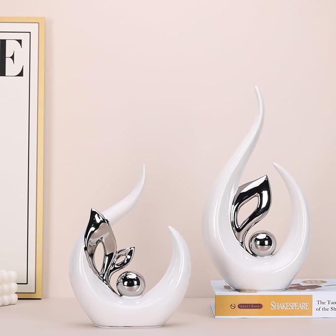 13" H White Silver Abstract Sculptures Home Decor, Ceramic Art Statue Cool Stuff to Put on Shelves&tv Stand Decor, Silver Accent Entertainment Center, for Fireplace Coffee Table Dining Table Decorate