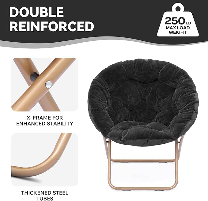 Magshion Saucer Chair for Adults, Comfy Living Room Lounge Chair for Bedroom Corner, Dorm, Apartment, Faux Fur Fluffy Circle Accent Seat with Thick Padded & Folding Metal Frame (Black)