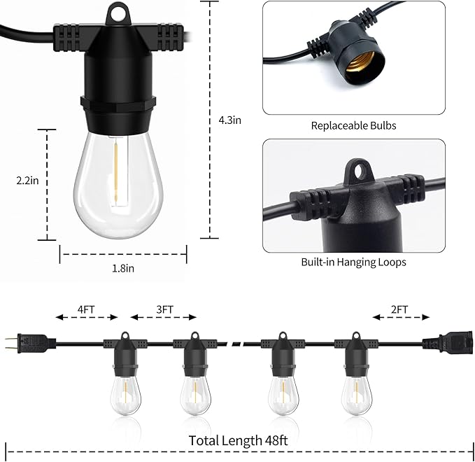 S14 LED 48FT Outdoor String Lights, IP65 Waterproof 48FT Outside Patio Lights, Edison Shatterproof Bulb Vintage Backyard Light, Balcony, Deck, Garden Light