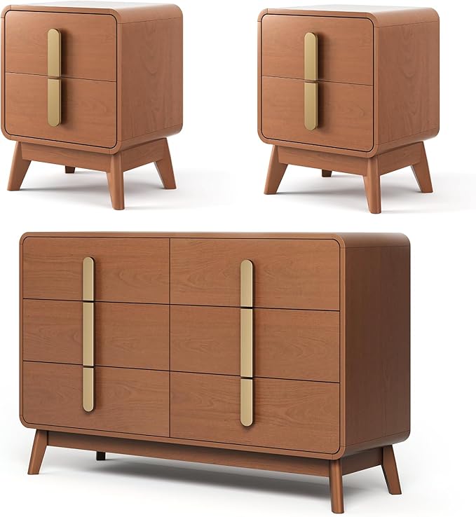 Mid Century Modern Bedroom Set, 6 Drawer Dresser and Nightstand Sets for Bedroom, Night Stand Set 2 & 6 Drawer Dresser with Gold Handles, Wood Chest of Drawers Storage Cabinet Set, Walnut