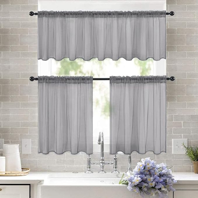 MIULEE 2 Panels Kitchen Tiers Half Window Sheer Curtains Rod Pocket Voile Drapes for Kitchen Bathroom Small Windows 29 by 24 Inch Charcoal Grey