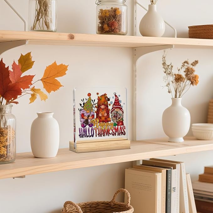 Fall Decor, Thanksgiving Decorations, Fall Decorations for Home, Gnomes Pumpkin Sign, Autumn Harvest Rustic Square Acrylic Sign with Wooden Stands for Kitchen Office Christmas Living Room