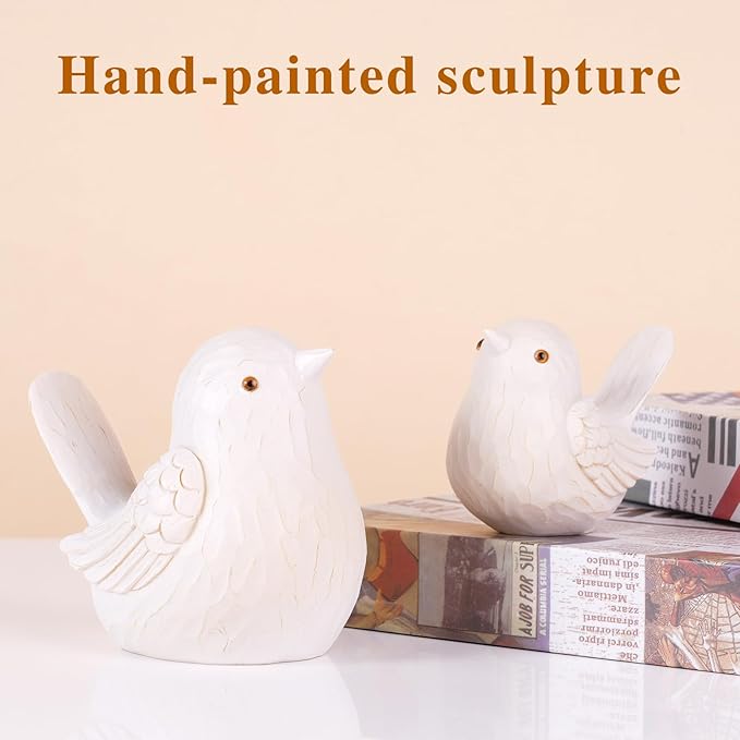 Resin Bird Statues Home Decor - Brids Figurines Decorative for Living Room, Office Desktop, Dedroom, Cute Country Decor for TV Stand (White, 1B & 1S)