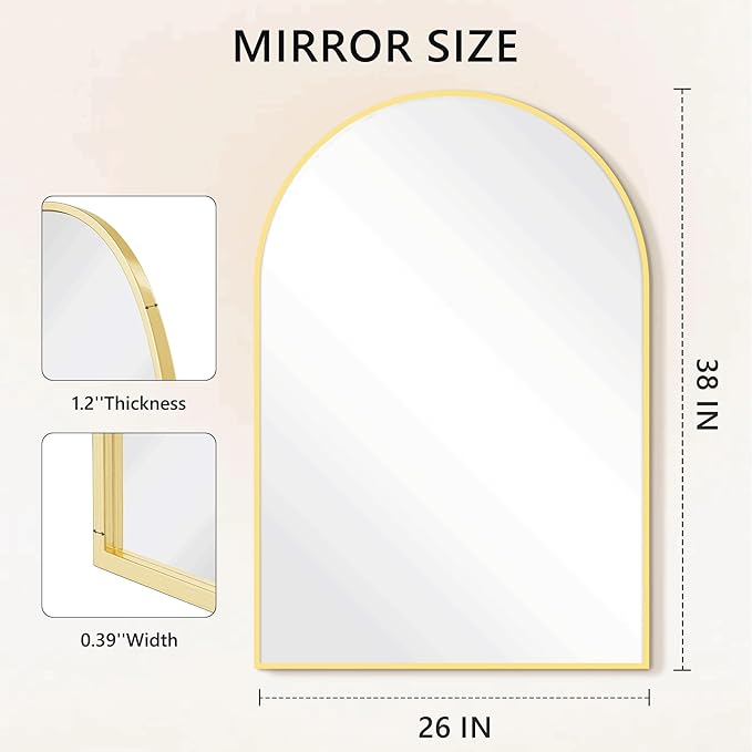 Arched Bathroom Mirror for Wall, Mirror for Vanity,38''x26'' Large Wall Mounted Mirror, Metal Frame (38''x26'', Gold)