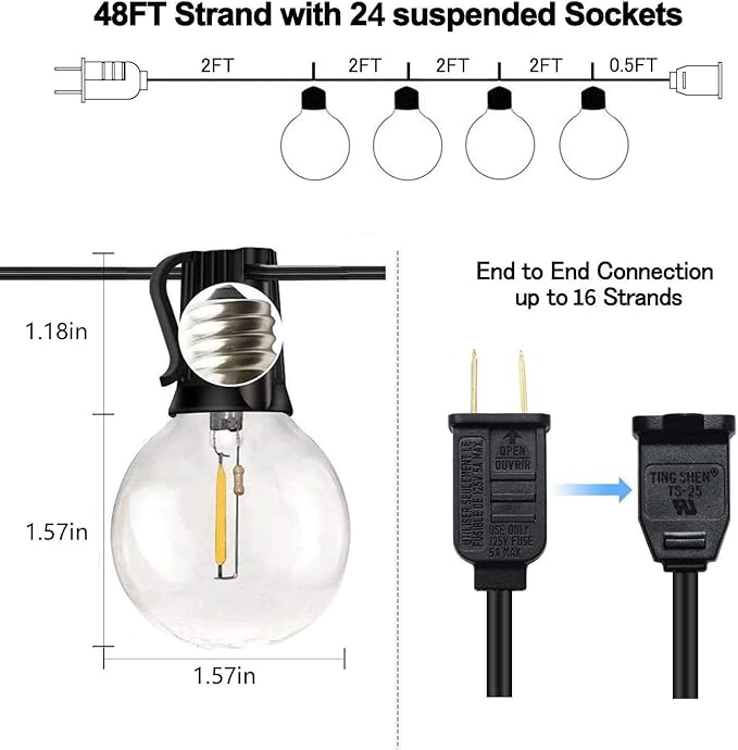 SUNTHIN Outdoor String Lights, 144FT(3x48FT) Patio Lights with G40 Shatterproof LED Bulbs, Hanging String Lights for Outside Backyard, Porch, Deck, Party, Garden