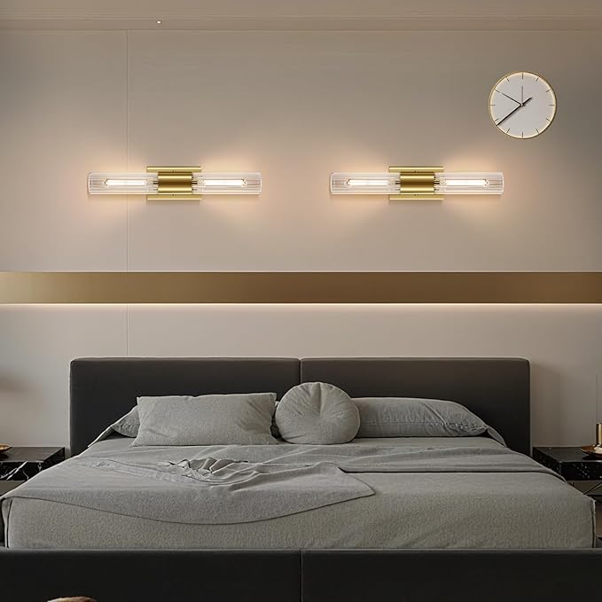Wall Sconces Set of Two - Gold Bathroom Sconces Wall Lighting with Threaded Glass Wall Lighting Fixtures Mounted Lamps for Bedroom, Bathroom, Living Room, Hallway (Gold Water Pattern)