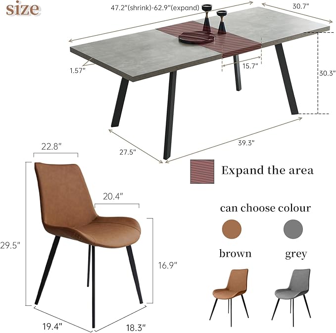 47.2"- 62.9" Extendable Dining Table with 6 Brown Dining Chairs, Modern Kitchen Table Set for 6, Thickened Expandable MDF Wooden Table with Metal Legs for Dining Room, Kitchen, Home