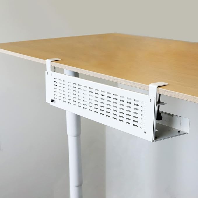 AEONS Under Desk Cable Management Tray Kit - Horizontal Adjustable up tp 41” Desk Organizer Removable C Clamp Mount Reversiable Computer Cord Raceway and Modesty Panel for Large Table, White/Beige