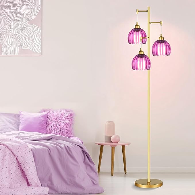 Gold Floor Lamp for Living Room Bedroom-3 Light Modern Floor Lamp with Glass Lampshape, Flower Tall Lamp Glass Standing Lamp Tree Floor Lamps for Living Room Bedroom,Corner