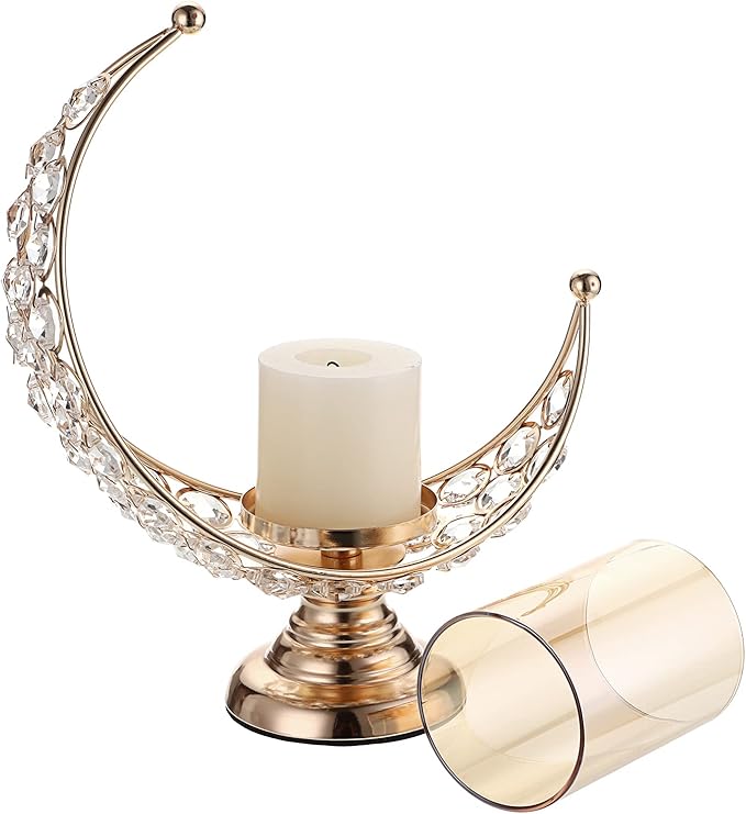 OwnMy Set of 2 Gold Moon Shaped Crystal Pillar Candle Holders Tealight Holders with Glass Covers, Metal Crystal Moon Pillar Candle Stands Votive Candlesticks Candle Lamps for Table Centerpieces
