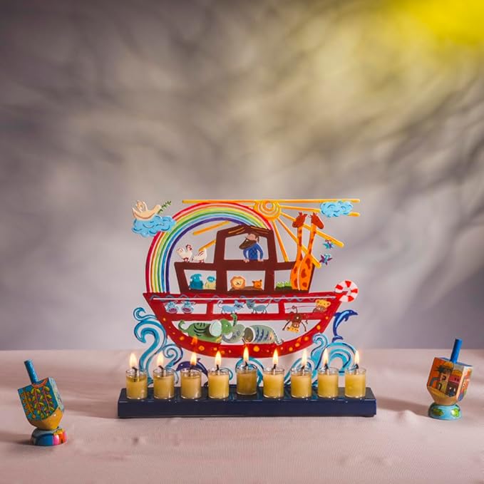Yair Emanuel Menorah for Hanukkah | Colorful Hand Painted Design | Judaica Gift (Noah's Ark (HAY-6))
