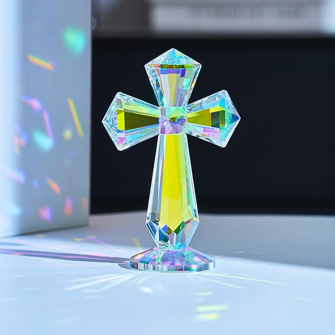 Crystal Standing Cross Decor, Easter Christmas Decoration for Pary,Religious Gifts for Women Men, Handmade Glass Holy Collectible Figurines (Multicolor Crystal Cross)