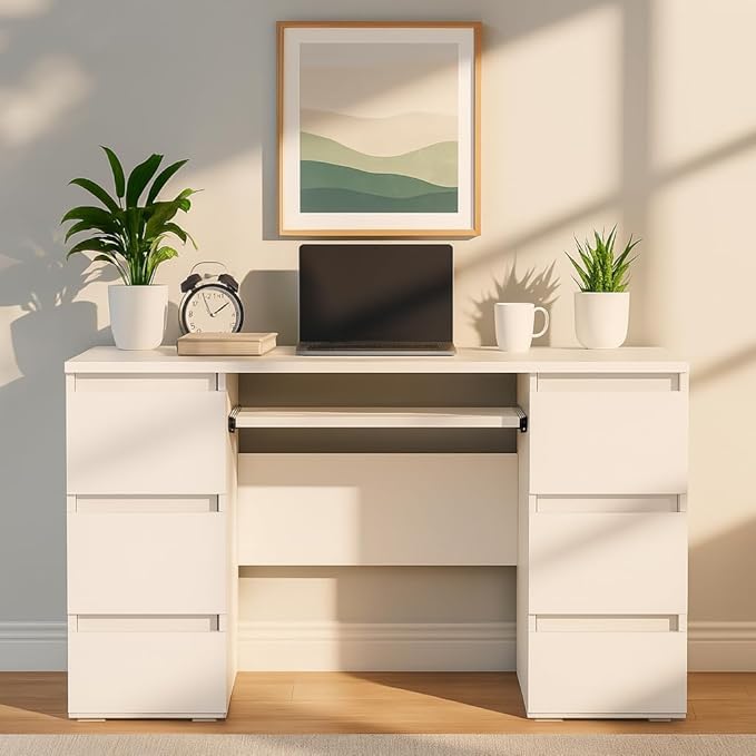 47'' Computer Desk with 6 Drawers and Keyboard Shelf, Modern Wood Writing Desk with Storage for Home Office, Bedroom, Gaming, Study, or Vanity Table – White