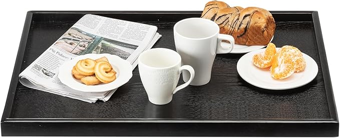 24 x 20 Inches Extra Large Solid Wood Serving Tray for Tea Coffee Table Snack Food Meals Serving Plate Kitchen Party Bar Breakfast Server with Raised Edges Black Wooden Decorative Ottoman Tray