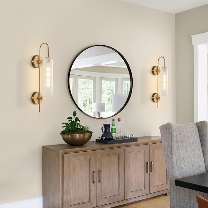 BOKT Mid Century Modern 1-Light Wall Mounted Light Brushed Gold Metal Wall Sconce Lighting Minimalist Anti Brass Wall Sconce Lamp White Glass Bathroom Vanity Light Fixture (White)
