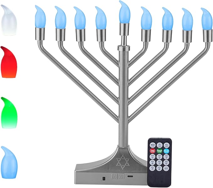 Electric Hanukkah Menorah,RGB Led Menorahs for Chanukah Decoration,Color Changing with Remote Control & Push-Button to Choose The Day and Timer Options Battery/USB Powered,Silver