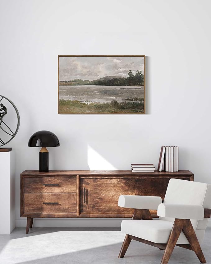 VIYYIEA Vintage Nature Large Framed Wall Art, Lakeside Landscape Paintings Art Decor Aesthetic, Canvas Print Artwork, Retro Scenery Wall Pictures for Bedroom Bathroom Office 20x30 Inch