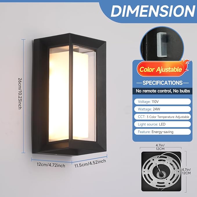 Outdoor Wall Light Fixtures,15%-100% Dimmable,3CCT 3000K/4000K/6500K,2160LM Aluminum Outdoor Modern Wall Lights,10.23 Inch Exterior Waterproof Lanterns,Matte Black Indoor Wall Sconce Art Lights 1 Pack