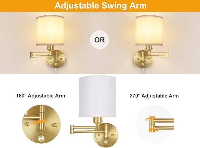 Plug in Wall Sconces with Remote Control, Dimming 10%-100% & Adjustable Colors 2700K-6500K, Hardwire or Plug-in, Swing Arm Wall Lamp with White Fabric Shade, Wall Sconces Set of Two, Gold Finish