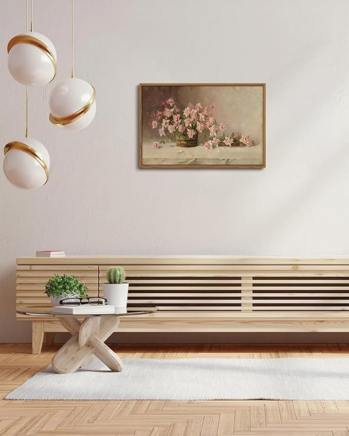 KISSFOX Vintage Floral Canvas Wall Art Framed Retro Pink Flower Botanical Painting Prints Farmhouse Rustic Still Life Roses Pictures Decor Gallery Office Living Room Bedroom Bathroom