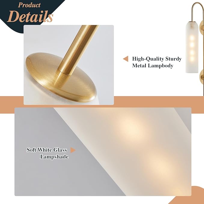 BOKT Mid Century Modern Plug in Wall Sconces Indoor Long Brushed Gold Milk White Glass Sconces Wall Lighting Single Wall Sconce Bathroom Vanity Light Brass Wall Mounted Light Fixture (White)