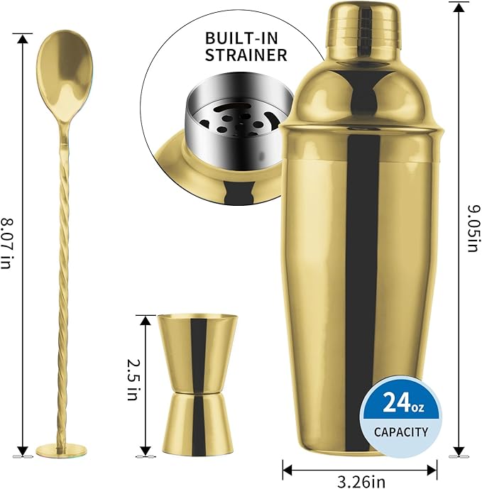 24oz Cocktail Shaker Bar Set, Martini Shaker with Built-in Strainer, Measuring Jigger, Mixing Spoon, Professional Stainless Steel Large Bartender Drink Shaker Margarita Alcohol Mixer-Gold