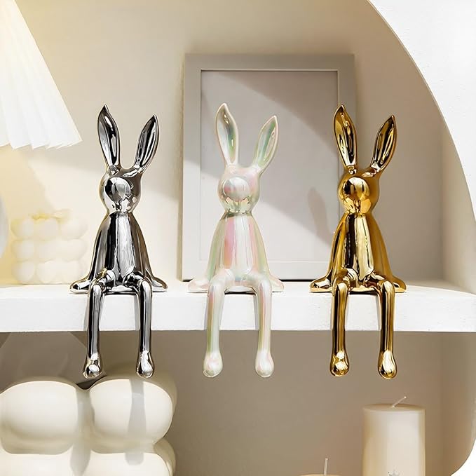 3-Piece Rabbit Decor Sculptures - Home, Office, Living Room, Bedroom - Accents, Decorations, Figurines - Small Statues for Bookshelf, Desk - Ideal Gifts (Gold, Silver, White)