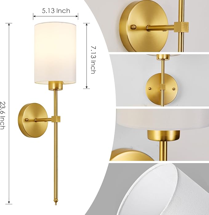 Battery Operated Wall Sconces Set of Two,Wireless Rechargeable Wall Light With Remote Control, Dimmable, 1800K/3000K/4000K/6000K/RGB, Timer, for Living Room, Bedroom, Fireplace, TV, 23.6 Inch, Gold