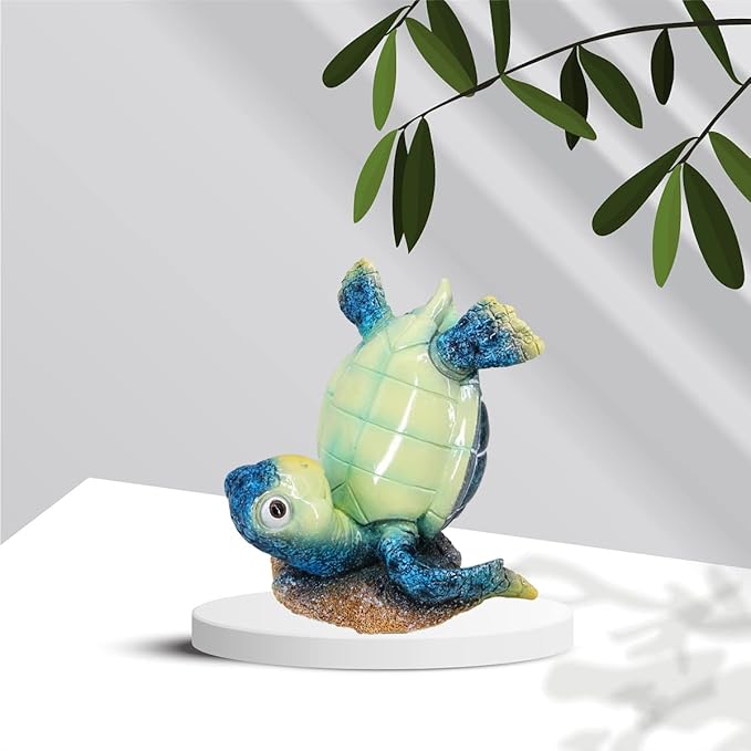 Resin Sea Turtle Table Decor - 4-Inch Baby Turtle Figurine for Desk & Tabletop, Cute Ocean-Themed Decoration, Feng Shui Lucky Charm Statue (Blue)