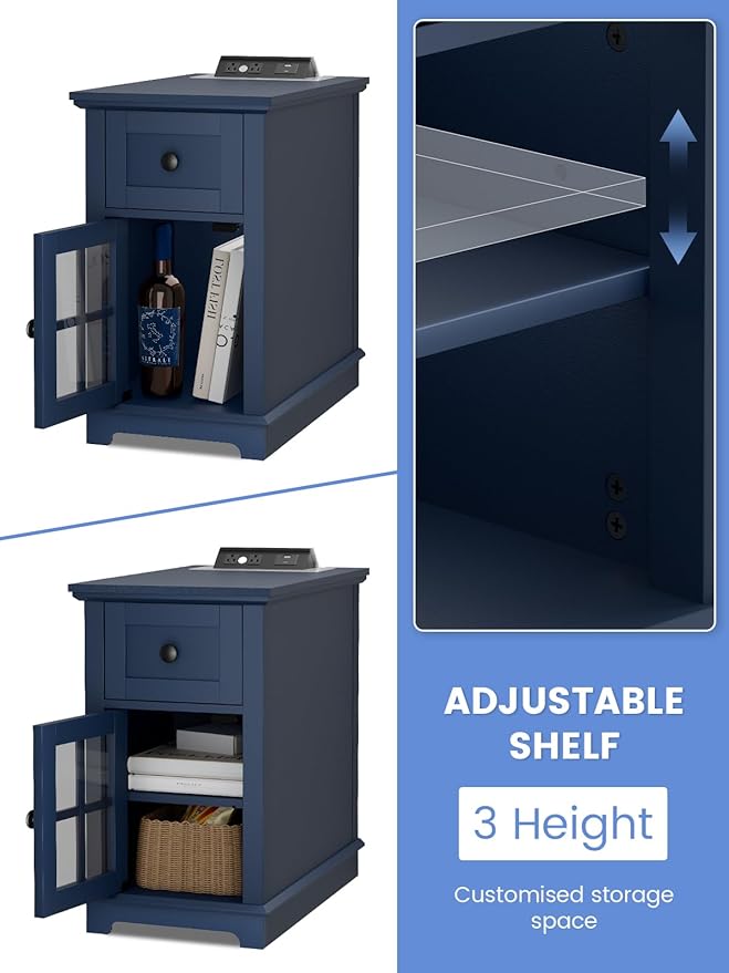 HIFYOBRO End Table with 1 Drawer, Storage Side Table with Flip Top Charging Station, Type-C & USB Port & Power outlets, Wooden Storage Cabinet for Bedroom/Living Room