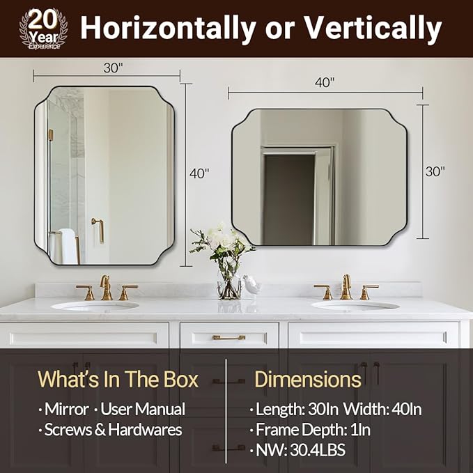 ANDY STAR 30x40 Inch Matte Black Mirror, Unique Rectangle Mirror for Vanity, Bathroom Mirror in Premium Stainless Steel Metal Thin Frame Deep 1’’, Large Wall-Mounted Mirror(Horizontal/Vertical)