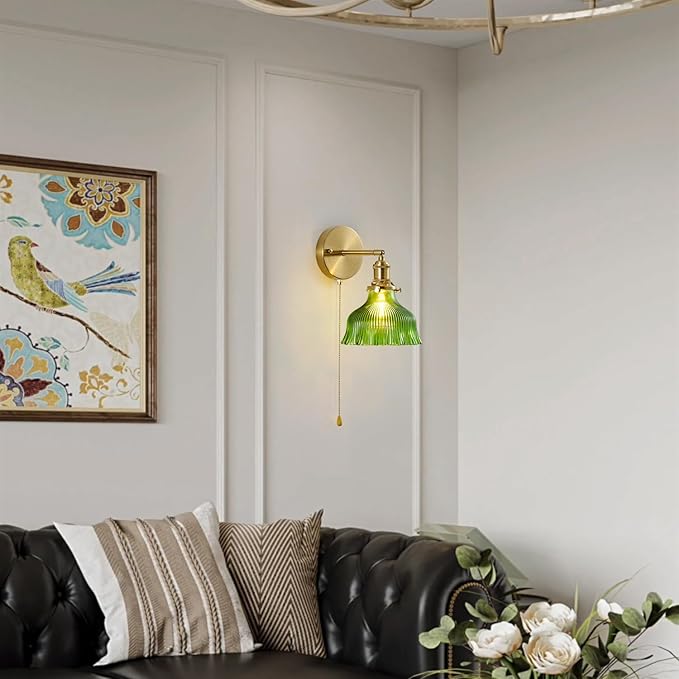 Vintage Wall Sconce 1 Pack, Flower Green Glass Shade Gold Wall Lamp with 12.6 Inch Cable Switch, Modern Bathroom Wall Sconces for Bedroom Corner Hallway