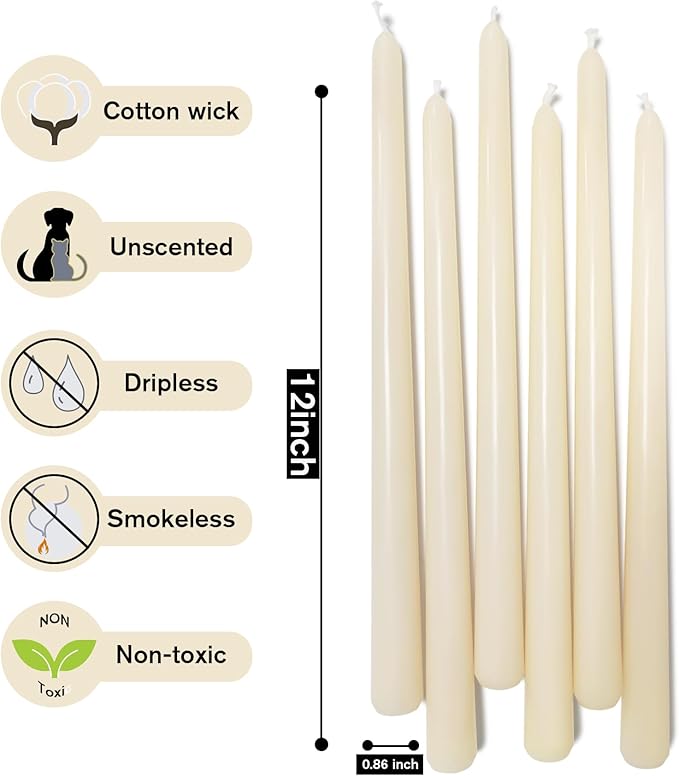 12 Inch Taper Candles 6 Pcs Unscented, Smokeless, Dripless Long Tapered Candlesticks Candles for Christmas Birthday Dinner Wedding Party Home Decor