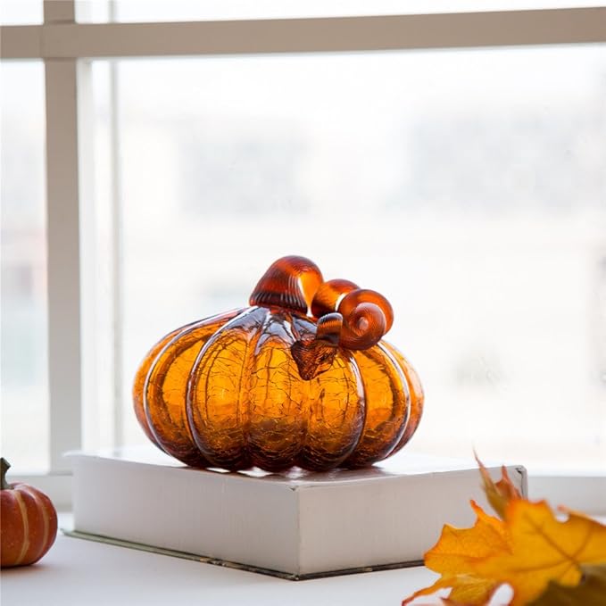 Glitzhome 5.51" H Amber Hand Blown Crackle Glass Pumpkin for Fall Harvest Thanksgiving Halloween Decoration