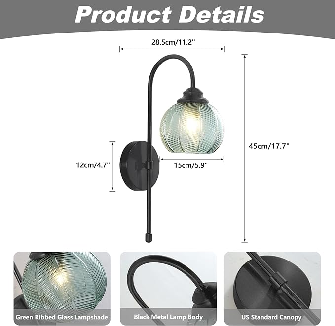 KCO Lighting Mid Century Modern Wall Sconce Matte Black Vintage Bathroom Light Fixture Green Glass Globe Wall Light Hallway Indoor Sconces Wall Lighting Set of 2