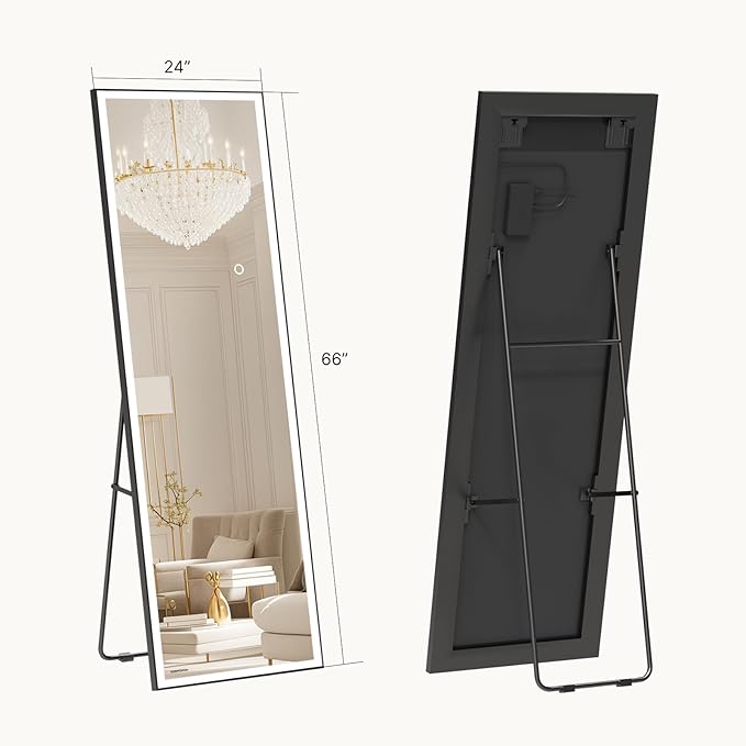 Kosmonia 66x24 Full Length Mirror, Dimmable 3 Color LED Light w/Light Memory, Distortion Free Silver Coating Mirror, HD Reflection &Anti Desilvering,Tempered Glass &Shatter Proof Film Doubles Safety