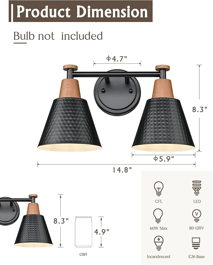FEMILA Modern 2 Light Bathroom Vanity Lights, Industrial Bathroom Light Fixtures Over Mirror, Black Vanity Lighting Fixtures, Woodgrain Finish, 4FG59B-2W BK-NW